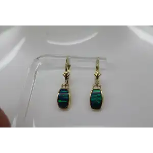 14k Yellow Gold OPAL INLAY RECTANGLE DESIGN DANGLE earrings