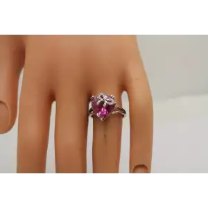 10k W.G. Heart Cut PINK SAPPHIRE DIAMOND acc. BOW split Shank sz 7 #