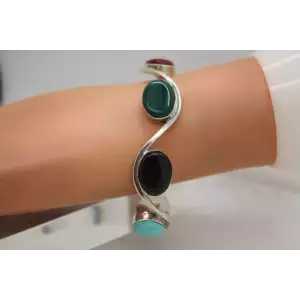 MEXICO .925 Sterling Silver MULTI GEMSTONE SWIRL Design Cuff Bracelet 7
