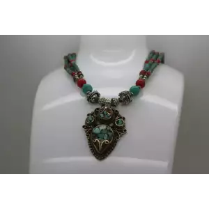 .925 Silver Plated TURQUOISE INLAY PENDANT BEADED NECKLACE 17