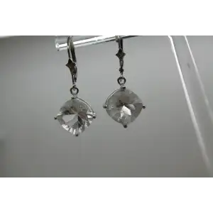 10k White Gold Square Cut CLEAR QUARTZ DANGLE earrings