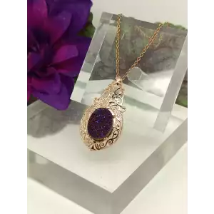 Sparkly Dark Purple Druzy Filigree Pendant STS Rose Tone Brass Necklace 18