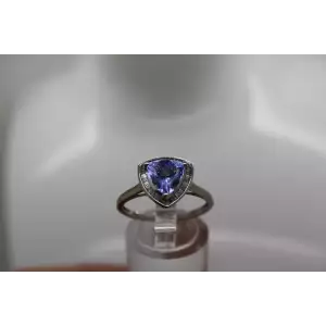 Signed STS 14k W.G. Trillion Cut TANZANITE DIAMOND HALO ring size 9