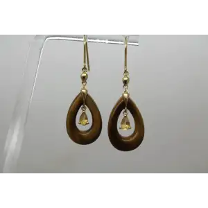 Signed EA 14k Y.G. TIGER'S EYE & CITRINE TEARDROP dangle earrings #