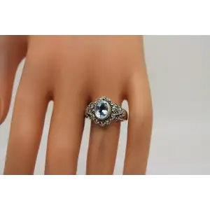 Signed NF .925 S.S. Oval BLUE TOPAZ & MARCASITE ring size 8.75
