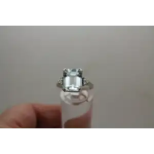 14K W.G. Lab Grown Large Emerald Cut AQUAMARINE & DIAMOND ring size 8