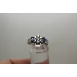 14k W.G. 1.00ctw DIAMOND FLOWER CLUSTER & SAPPHIRE ring size 7