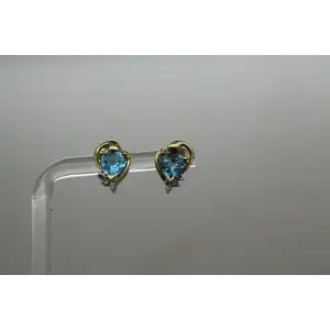 Signed 14k Y.G. Heart Cut BLUE TOPAZ & DIAMOND SWIRL DESIGN earrings