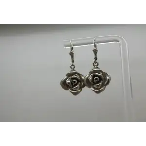 Vtg. Signed A .925 S.S. DIMENSIONAL ROSE FLOWER dangle earrings