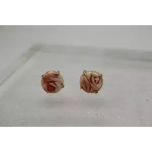14k Yellow Gold CARVED ANGEL SKIN CORAL flower button stud earrings