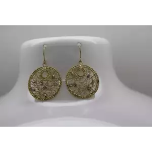 14k Y.G. POLISHED WIRE WEAVE CIRCLE DREAM CATCHER DANGLE earrings.