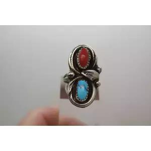 Signed C. DAVIS .925 Sterling Silver TURQUOISE & CORAL ring size 5