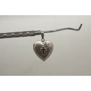 Signed .925 S.S. 14k Y.G. CROSS FLORAL ETCHED HEART LOCKET pendant