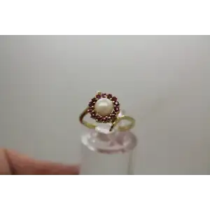 Signed 14k Y.G. PEARL & PINK TOPAZ HALO ring size 6