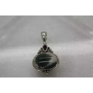 Signed SAJEN .925 Sterling Silver MOSS AGATE & RUBY pendant