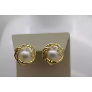 Vintage Signed ATL 14k Yellow Gold MOTHER of PEARL & DIAMOND earrings