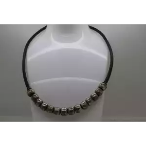 VTG. MEXICO .925 S.S. BLACK LEATHER CORDED SILVER BEADED necklace 16
