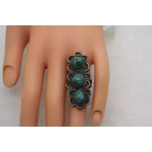 .925 Sterling Silver OLD PAWN TRIPLE TURQUOISE FULL FINGER size 6.5