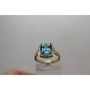 14k Yellow Gold Princess Cut BLUE TOPAZ & DIAMOND HALO ring size 7.25
