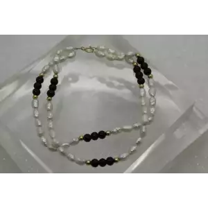 14k Yellow Gold FRESHWATER PEARL, ONYX & GOLD BEADED DOUBLE STRAND 7 1/2