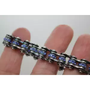 Signed HM Stainless Steel BLUE RHINESTONE BIKE CHAIN bracelet 7 1/2