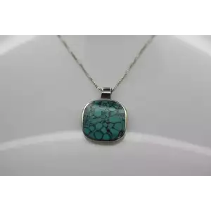 Signed CW .925 S.S. TURQUOISE COMPOSITE SQUARE PEND. necklace 18