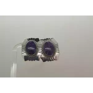 .925 Sterling Silver Oval Cut CHAROITE ROPE SHIELD DESIGN earrings