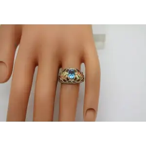C.CO .925 S.S. 14k Black Hills Gold BLUE TOPAZ GRAPE LEAF ring size 6.75 #