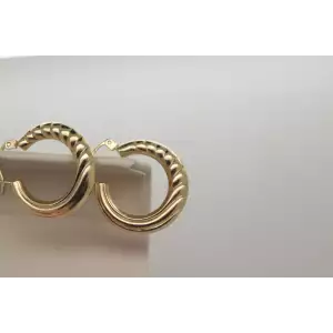 Signed ZZ 14k Yellow Gold Hollow RIBBED DESIGN HOOP Earrings