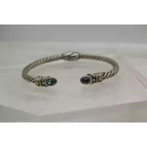 BJC SAMUEL BENHAM .925 S.S. & 14k Y.G. BLUE TOPAZ HINGED CUFF bracelet