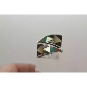 Signed ZME ZUNI NM .925 Sterling Silver INLAY BYPASS ring size 6.5