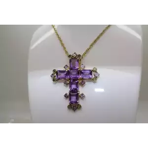 PB Gold Gilt .925 S.S. Emerald Cut AMETHYST & PERIDOT CROSS neck. 22
