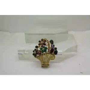Vtg. Vermeil .925 S.S. SAPPHIRE RUBY EMERALD FLOWER BASKET pin #