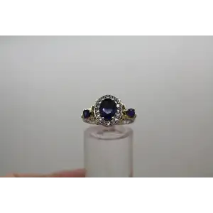 Signed STS .925 S.S. gold accents BLUE TOPAZ HALO ring size 6 #