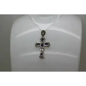 Signed CW .925 S.S. PURPLE CZ DOUBLE INFINITY CROSS pend. necklace