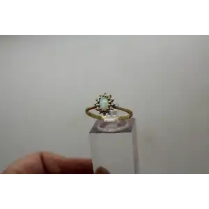 Signed 14k Y.G. Oval Cut OPAL & DIAMOND HALO ring size 9.5