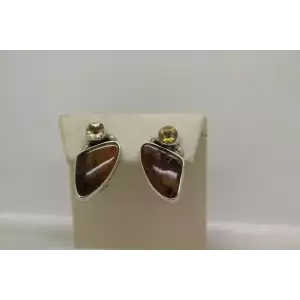 AKR AMY KAHN RUSSELL .925 S.S. PETRIFIED WOOD & CITRINE clip on