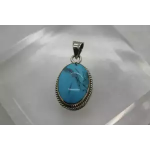 MEXICO .925 Sterling Silver Oval Cut TURQUOISE ROPE DESIGN BEZEL pendant