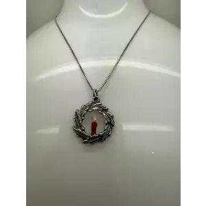 Vtg. .925 S.S. ENAMELED CHRISTMAS WREATH pendant necklace 18