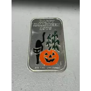 1 oz .999 Fine Silver A Ceeco Bar Happy Halloween 1973 Pumpkin Black Cat