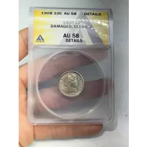 ANACS 1908 P 10C AU 58 Details Damaged Cleaned One Dime Silver Coin