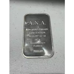 A.N.A. 1 oz .999 Fine Silver Bar 83rd Anniversary Miami Beach Florida 1974