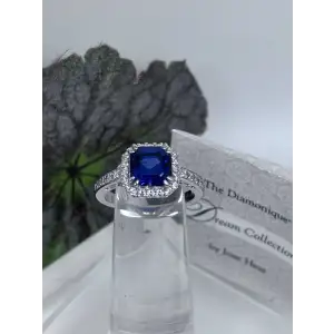 Diamonique Jose Hess Royal Blue CZ w/ White Halo Sterling Silver Size 7 Ring