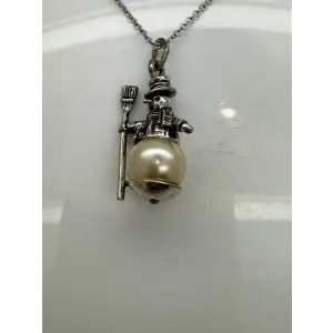 Vtg. BEAU STERLING .925 S.S. FAUX PEARL 3D SNOWMAN CHARM necklace