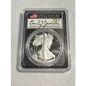 2023-W $1 Silver Eagle First Day of Issue Emily Damstra Flag, DCAM