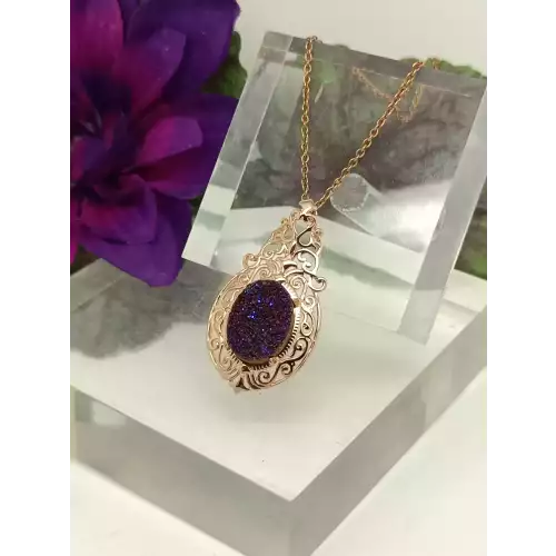 Sparkly Dark Purple Druzy Filigree Pendant STS Rose Tone Brass Necklace 18