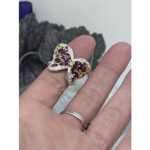 Stunning Rhodolite Garnet & Citrine Cluster Butterfly 925 Sterling Silver Ring (2)