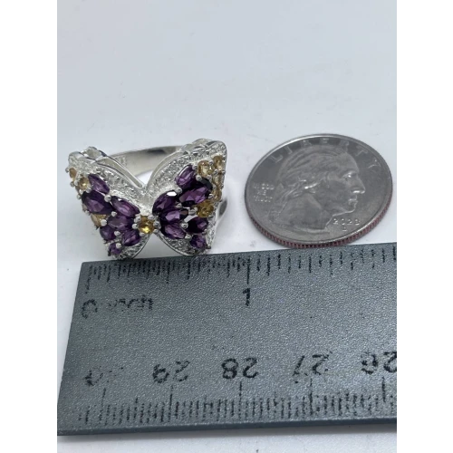 Stunning Rhodolite Garnet & Citrine Cluster Butterfly 925 Sterling Silver Ring (5)