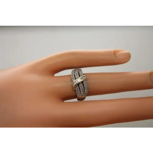 SUN DESIGNER .925 S.S. 10k Y.G. DIAMOND WAVE 3 ROW BAND size 6.5
