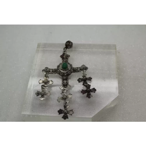 Taxco Mexico .925 S.S. YALALAG WEDDING CROSS w/ green stone pend.